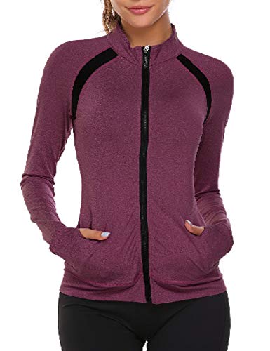 HOTLOOX Womens Soft Full Zip Athletic Running Blouse Sport Track Jackets with Thumb Holes Purple Pink XXL
