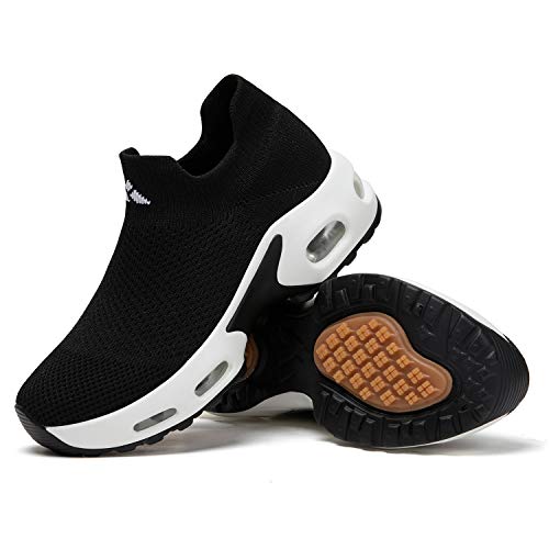 Mishansha Women's Walking Shoes Sock Sneakers No Slip Air Cushion Slip on Fashion Sneaker Platform Wedge Dance Loafers Nurse Work Shoes Comfortable Black 8