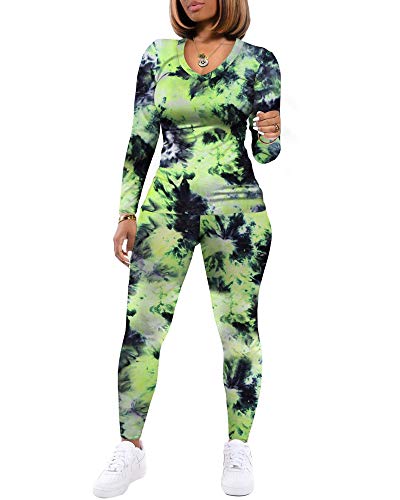 Women's Two Piece Tie Dye Outfits Casual Long Sleeve V Neck Pullover Sweatsuit Pants Sets Tracksuits