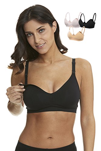 HOFISH Women's Plus Size Wireless Breastfeeding Nursing Bras, 3pcs/Pack (Push Up:Pink-Black-Beige), Medium