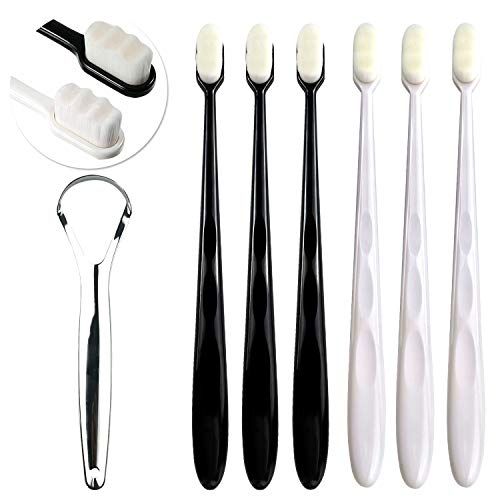 6 Pcs Extra Soft Micro-Nano Manual Toothbrush Extra Soft Bristles Toothbrush with 20,000 Bristles, Good Cleaning Effect for Sensitive Teeth Oral Gum Recession With 1 Stainless Steel Tongue Scraper
