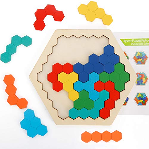 Ranslen Wooden Hexagon Puzzles for Kids Adults, Hexagon Shape Block Tangram Brain Teaser Puzzle Logic IQ Game STEM Puzzles for Kids Ages 3 and Up, Educational Puzzle Gift for All Ages Challenge