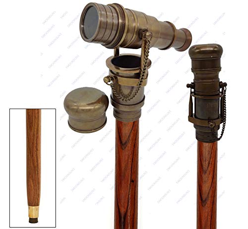 5MOONSUN5's Vintage Brass Antique Finish Handle Victorian Telescope Head Foldable Steampunk Accessories Wooden Walking Stick Cane for Men and Women (Antique Finish)