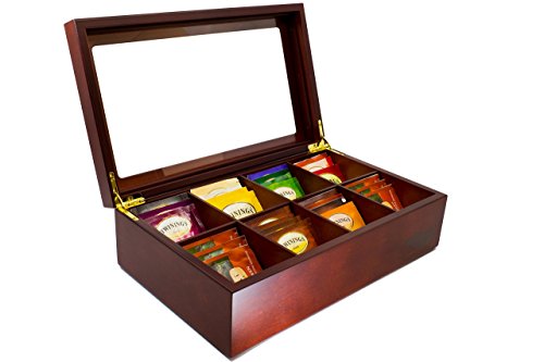 The Bamboo Leaf Wooden Tea Storage Chest Box with 8 Compartments and Glass Window (Cherrywood)