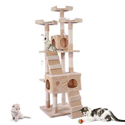 COZIWOW Sturdy Cat Tree Tower Condo - Furniture for Multiple Cats with Soft Flannel Covered Ramp Elevated Platform Hide-Out Activity Cream Color, 67' H