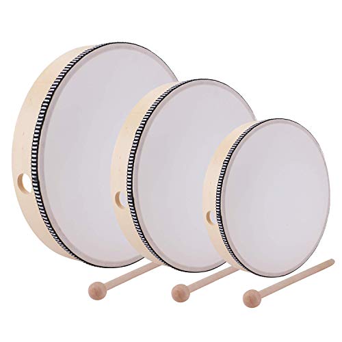 Foraineam 12 Inch & 10 Inch & 8 Inch Hand Drum Kids Percussion Wood Frame Drum with Drum Stick