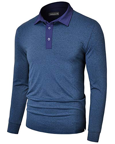 TAPULCO Men's Polyester Moisture Wicking Polo Sports Golf Shirts Dri-Fit Long Sleeve Classic Fit 3 Buttons Placket Contrast Collar Active Casual Tshirts Navy Large