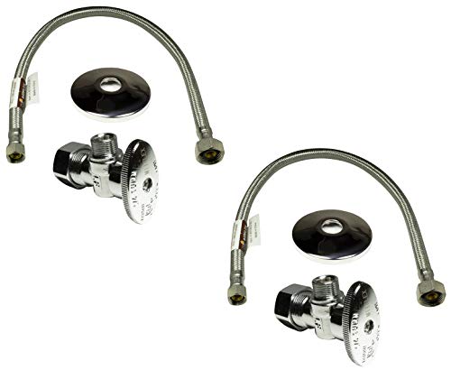 Complete Set 1/2 in. NOM Inlet x 3/8 in. OD Compression Outlet Angle Shut Off Valve + Escutcheon Plate + 20' Long Stainless Steel Braided Faucet Water Supply Line (2 Pack)