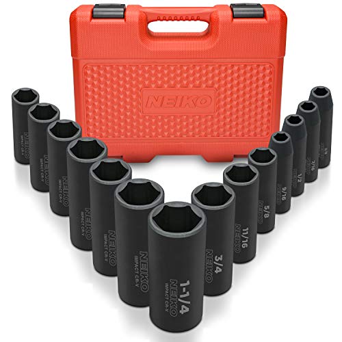 Neiko 02476A 1/2' Drive Deep Impact Socket Set, 14 Piece | 6 Point Standard SAE Sizes (3/8-Inch to 1-1/14') | Cr-V Steel