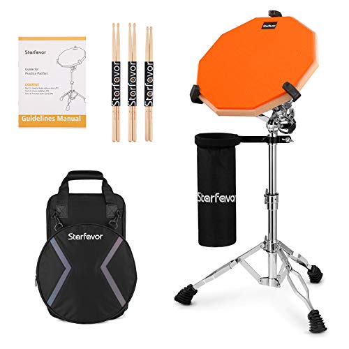 Starfavor Drum Practice Pad with Snare Drum Stand Set, 12-Inch Double Sided Silent Practice Pad with Drum Sticks, Drumstick Holder, Carrying Bag, Orange