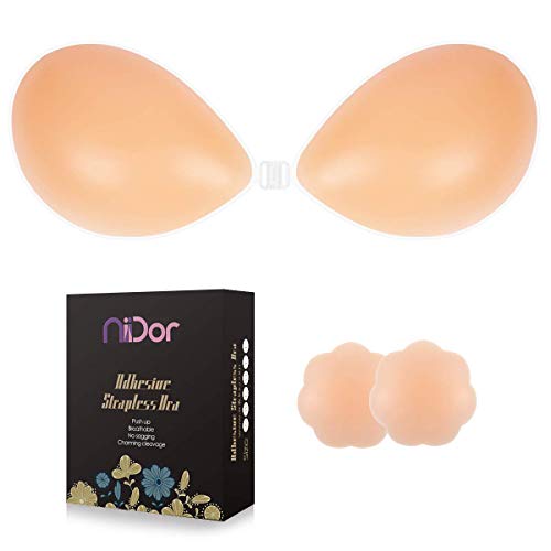 Niidor Adhesive Bra Strapless Sticky Invisible Push up Silicone Bra for Backless Dress with Nipple Covers Nude (D Cup)