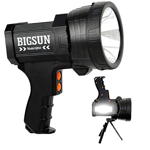 BIGSUN Q953 10000mAh Rechargeable LED Spotlight, Super Bright 6000LM Flashlight, 5 Light Modes Marine Boat Light, IPX4 Waterproof Emergency Lamp, Wall and USB Charger Included
