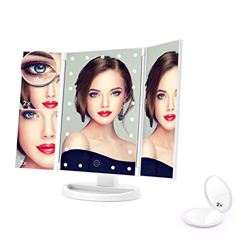 FASCINATE Makeup Mirror with Lights, Lighted Trifold Vanity Mirror with Portable Mirror, 2X 3X 10X Magnification, 21 LED Touch Screen, Dual Power Supply, 180° Rotation Light Up Mirror White