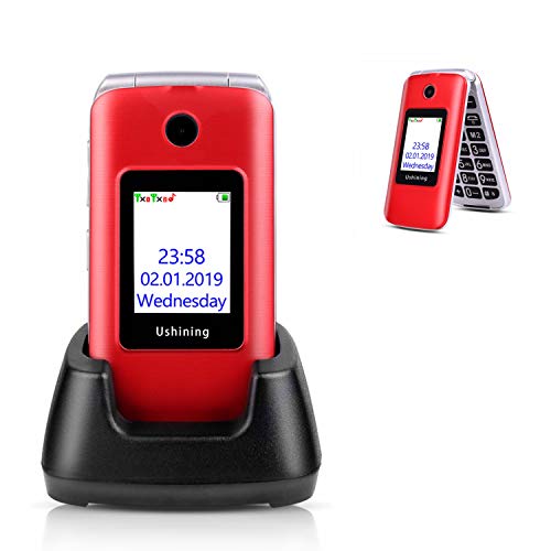 Ushining 3G Unlocked Senior Flip Phone Dual SIM Card FM Radio GSM Unlocked Flip Phone 2.8' LCD and Large Keypad with Charging Cradle (Red)