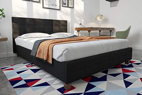 DHP Rose Linen Tufted Upholstered Platform Bed, Button Tufted Headboard and Footboard with Wooden Slats, Queen Size - Black