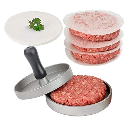 OVOS Aluminum Non-Stick Hamburger Press with 100 Free Patty Papers and Wood Handle (Silver)