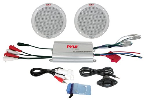 Pyle Marine Receiver Speaker Kit - 2-Channel Amplifier w/ 6.5” Speakers (2) Waterproof Poly Bag 3.5mm Jack RCA Adaptor for MP3/iPod & Volume Gain Remote Control & Power Protection Circuitry - PLMRKT2A,Silver