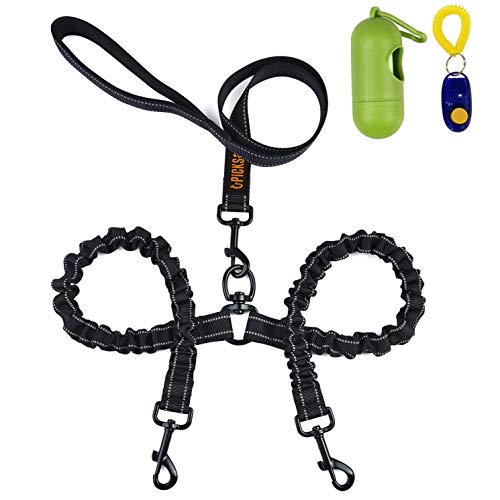 Dual Dog Leash, Double Dog Leash,360° Swivel No Tangle Double Dog Walking & Training Leash, Comfortable Shock Absorbing Reflective Bungee for Two Dogs with waste bag dispenser and dog training clicker
