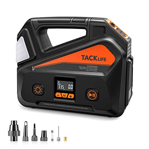 TACKLIFE A6 PLUS Tire Inflator, Portable Air Compressor equipped with LCD Pressure Gauge up to 150 PSI, AC/DC car air pump powered by Home 110V and Car 12V with LED light