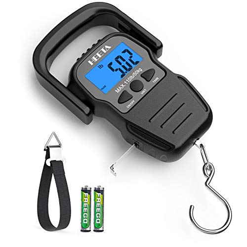 HEETA Fish Scale with Backlit LCD Display, Digital Portable Hanging Scale Luggage Scale with Measuring Tape for Home and Outdoor, 2 AAA Batteries Included, Black