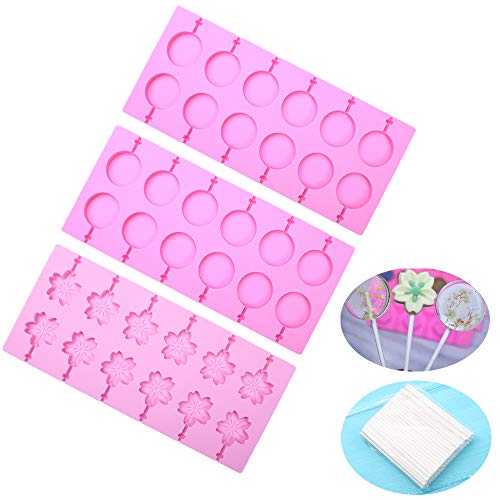 BAKER DEPOT 2 pcs Round Silicone Lollipop Molds Cherry Blossoms Chocolate Hard Candy Mold with 100pcs Paper Sticks Set of 3