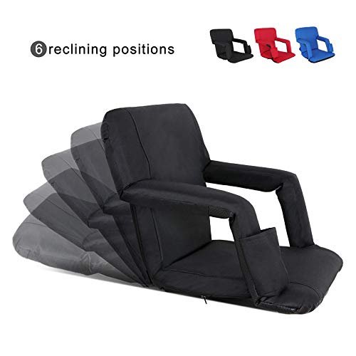 Portable Stadium Seat Chair Reclining Seat for Bench Bleachers W/Padded Cushion Shoulder Straps - 6 Reclining Positions - Water Resistant (Black)