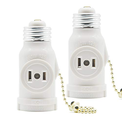 2 Outlet Light Socket Adapter,E26 Bulb Socket to Outlet Splitter,Converts Medium Screw Socket into a Socket with Two outlets,Polarized Outlet,With Pull Chain Switch. UL Listed, White (2-Pack)