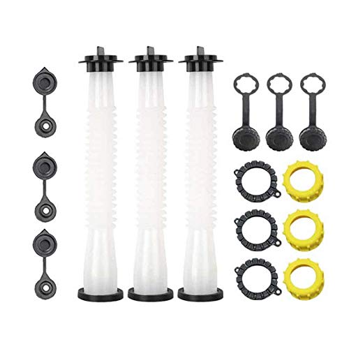 Kool Products (Retail Pack 3) Gas Can Spout Replacement with Gasket, Stopper, Cap with Stripe, 2 Collar Caps (Black and Yellow)