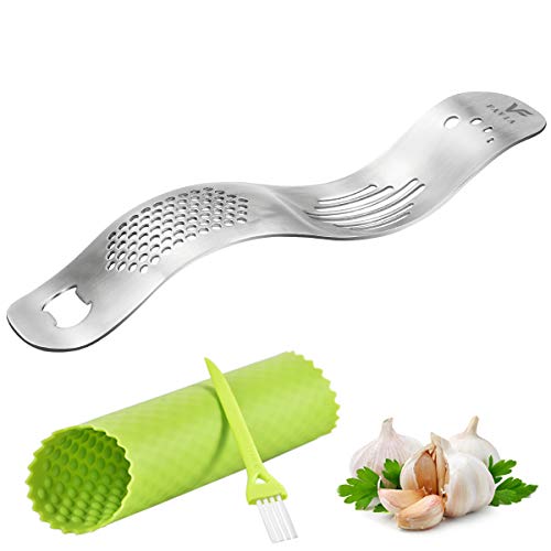 FAVIA Garlic Press Rocker Stainless Steel Crusher Mincer with Beer Opener, Silicone Tube Peeler & Cleaning Brush - Dishwasher Safe Sturdy Kitchen Gadgets (Super S)