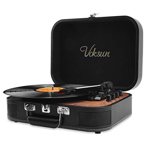 Voksun Record Player, Bluetooth Turntable with Built-in Stereo Speakers, 3-Speed Nostalgic Suitcase LP Vinyl Player, Supports Vinyl to MP3 Recording, with AUX USB RCA Headphone Jack, Black