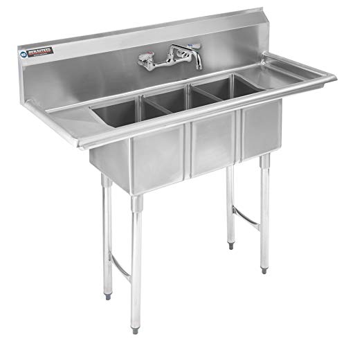 Stainless Steel Kitchen Sink with Faucet - DuraSteel 3 Compartment Commercial Sink w/Double Drainboards - Triple 10' x 14' x 10' Bowl Size - For Restaurant, Laundry, Garage & Backyard - NSF Certified