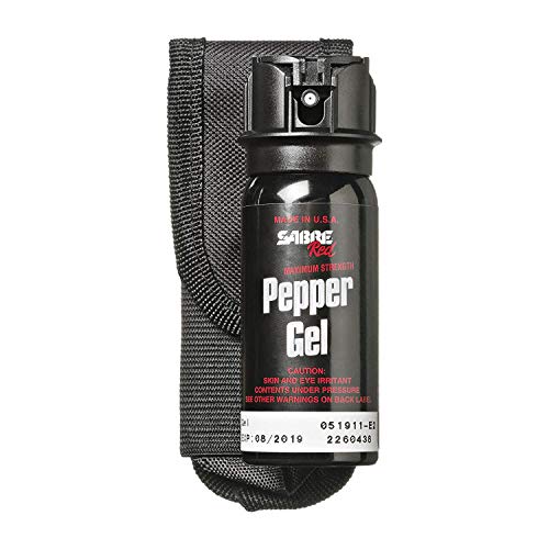SABRE RED Tactical Pepper Gel with Belt Holster – Gel is Safer – Maximum Police Strength Gel OC Spray, Quick Access Flip Top, 18-foot (5.5 m) Range, 18 Bursts – Designed for Security Personnel