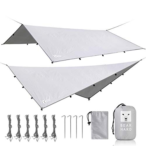 Bearhard Rain Fly Camping Tarp 10ft x 12ft Light Grey Hammock Fly Include 6 Ropes and 4 Stakes Lightweight Waterproof Tent Tarp Perfect for Camping, Hiking, Picnic