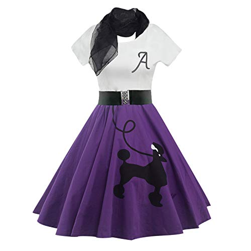 ZEZCLO Retro Poodle Print High Waist Skater Vintage Rockabilly Swing Tee Cocktail Dress, Purple, Large