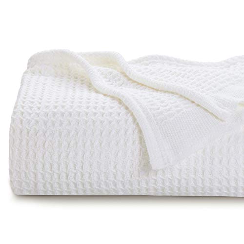 Bedsure 100% Cotton Thermal Blanket - 405GSM Premium Breathable Blanket in Waffle Weave for Home Decoration - Perfect for Layering Any Bed for All-Season - Full/Queen Size (90 x 90 inches), White