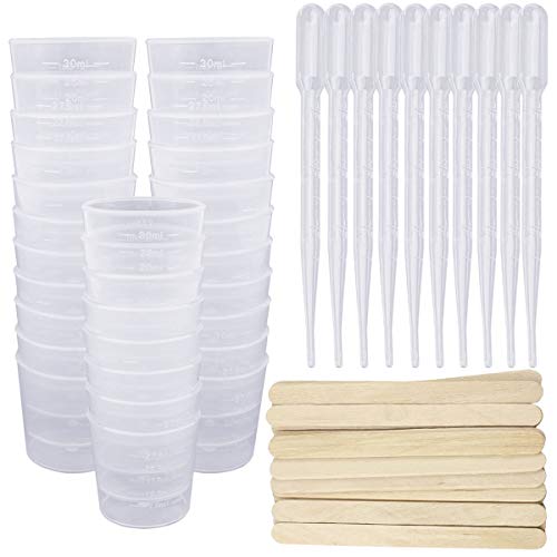 SelfTek Plastic Graduated Cups with Tools - 50 Pack 30ml Measuring Cups, 50 Pack Mixing Sticks, 50 Pack 3ml Dropping Pipette for Mixing Resin, Stain, Epoxy, Paint