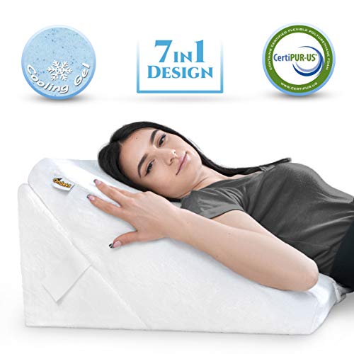 Bed Wedge Pillow – Multipurpose Adjustable Leg Support Pillow – Cooling Gel Memory Foam Top - Helps for Acid Reflux Heartburn, Allergies, Snoring - Machine Washable Soft Plush Cover with Handle, White