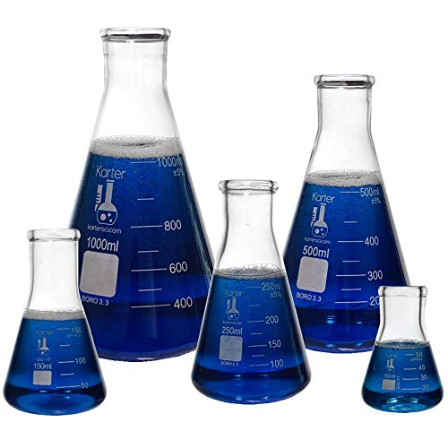 Karter Scientific Glass Flask 5 Piece Set, Narrow Mouth Erlenmeyer, Borosilicate 3.3 Glass - 50ml, 150ml, 250ml, 500ml, 1L, 213B2