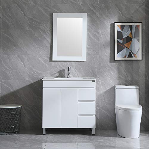 Walsport Bathroom Vanity Sink Combo with Mirror Modern Cabinet Basin Vessel Sink Faucet Combo Set, White 31.5''