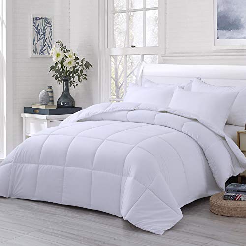 WhatsBedding Down Alternative Quilted Comforter - All Season White Lightweight Duvet Insert or Stand-Alone Comforter with Corner Tabs - Queen Size（88×92 Inch）