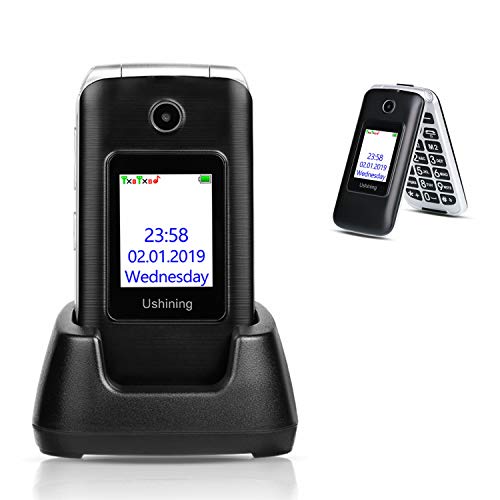 Ushining 3G Unlocked Senior Flip Phone Dual Screen Dual SIM Card T Mobile Flip Phone 2.8 Inch LCD and Large Keypad with Charging Cradle (Black)