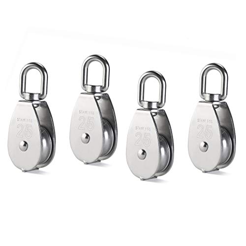 4Pcs M25 Single Pulley Block, Creatiee 304 Stainless Steel Pulley Roller, Crane Swivel Hook Smooth Wire Rope Cable Loading 150 kg