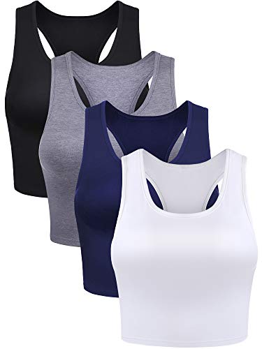 4 Pieces Basic Crop Tank Tops Sleeveless Racerback Crop Sport Cotton Top for Women (Black, White, Dark Grey, Navy Blue, Large)