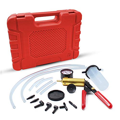 HTOMT 2 in 1 Brake Bleeder Kit Hand held Vacuum Pump Test Set for Automotive with Sponge Protected Case,Adapters,One-Man Brake and Clutch Bleeding System (Red)