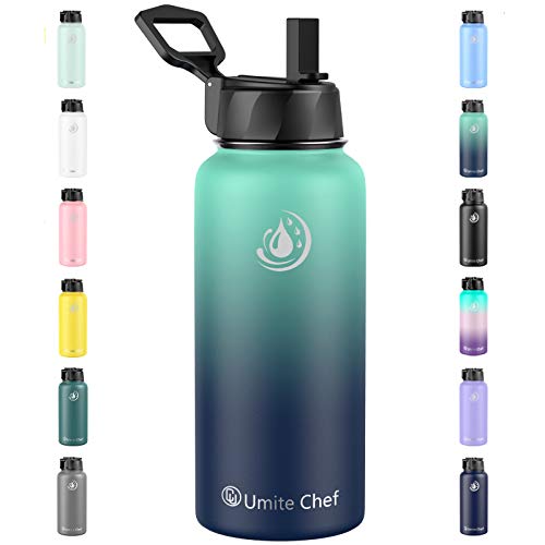 Umite Chef Sports Water Bottle with New Wide Handle Straw Lid, Vacuum Insulated Stainless Steel Thermo Mug, 32 oz Double Walled Wide Mouth Water Bottle,Leak Proof, Sweat Free （Ocean）