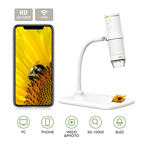 Digital Microscope Wireless 50X to 1000X WiFi Handheld Magnification Endoscope USB Inspection Camera 1080P Portable Microscope Camera, 8 LED Compatible with Android and iOS iPad MAC Windows