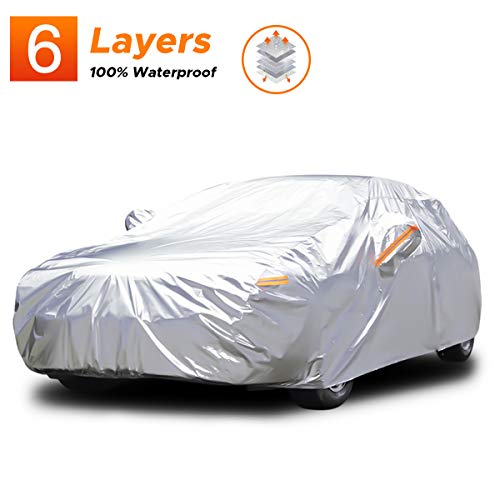Audew 6 Layers Car Cover Waterproof All Weather Breathable UV Protection Snowproof Dustproof Universal Fit Full Car Covers for Sedan, SUV L(175’’-190’’)