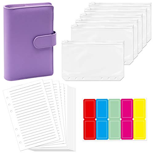 PU Leather Personal Notebook Planner with 40 Pages Loose-Leaf Papers Ring Binder 6 Zipper Bags for Filler Paper with Category Stickers Pen Holder Magnetic Buckle (Lavender, 7.5” X 5.2”)