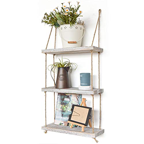 Labcosi 3 Tier Rope Wall Hanging Floating Shelves, Swing Rustic Wood Decorate and Display Rack for Living Room, Bedroom, and Outdoor (Shabby White)