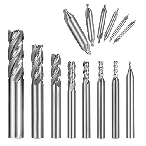 Qibaok 8PCS End Mill Bits, HSS CNC Cutter Drill Bits Straight 4 Flute Mill Bit Set + 6PCS Center Drill Bits, HSS Lathe Mill 60 Degrees Countersink Drill Bits for Wood, Aluminum, Steel, Titanium